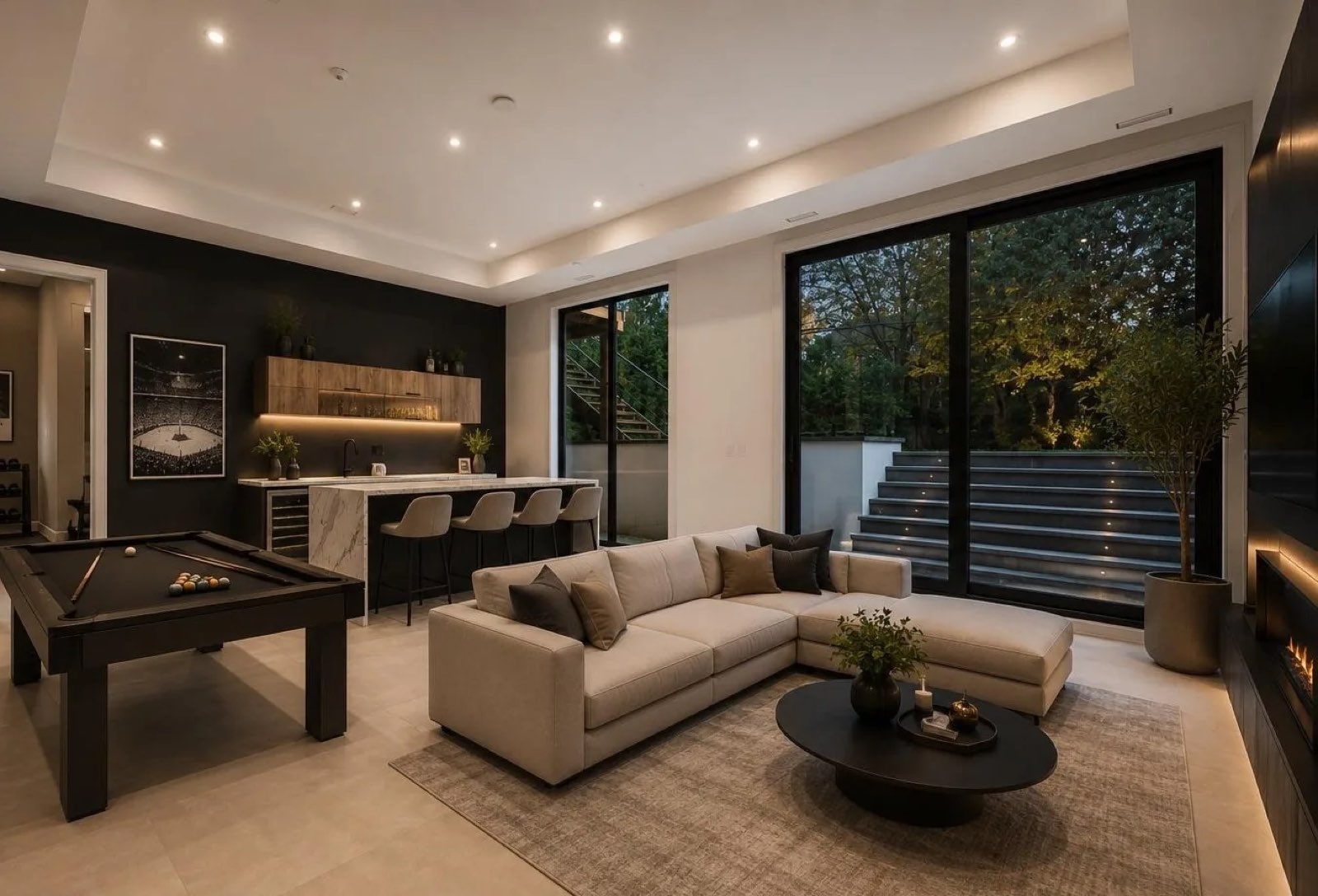 Finished lower level with a built-in bar and games area
