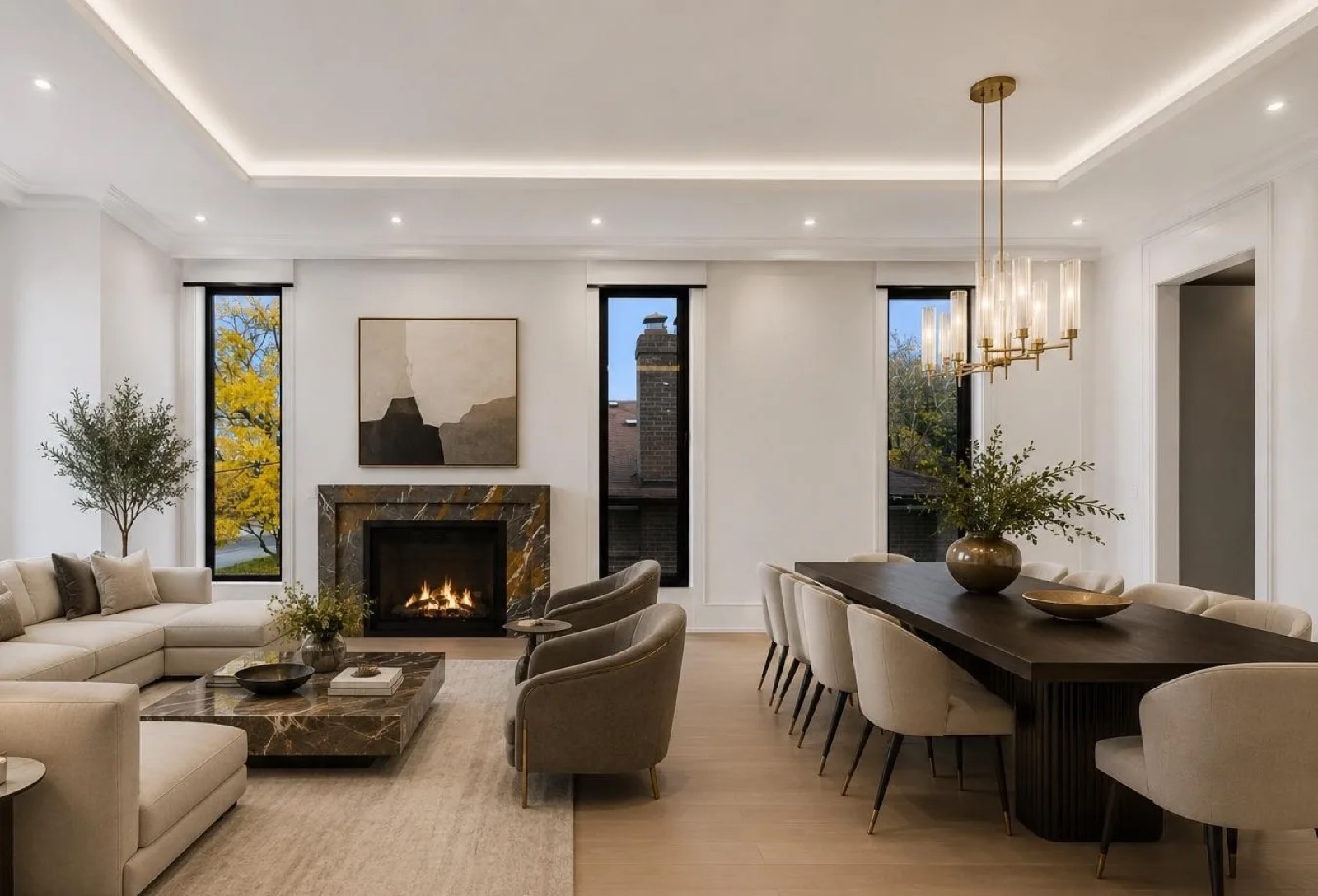 Finished open-plan living and dining room after a full renovation