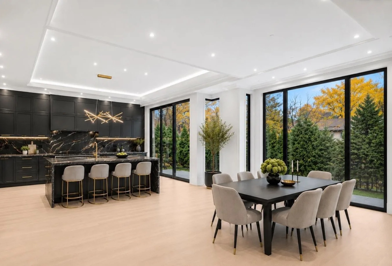 Kitchen and dining area with a full-height glass wall